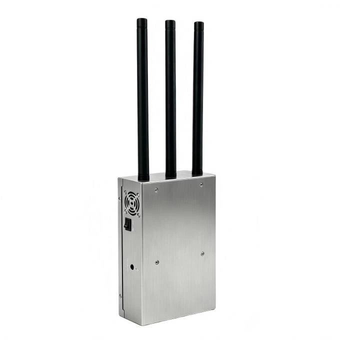 Vista laterale del jammer RF portatile MJ-RF380 con tre antenne, display e ventole di raffreddamento.
