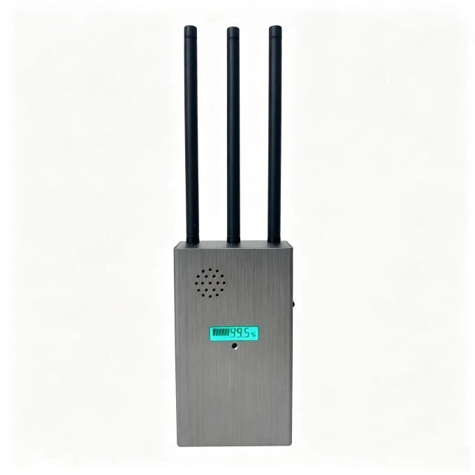 Vista posteriore del jammer RF MJ-RF380 con tre antenne, scocca metallica e interruttore laterale